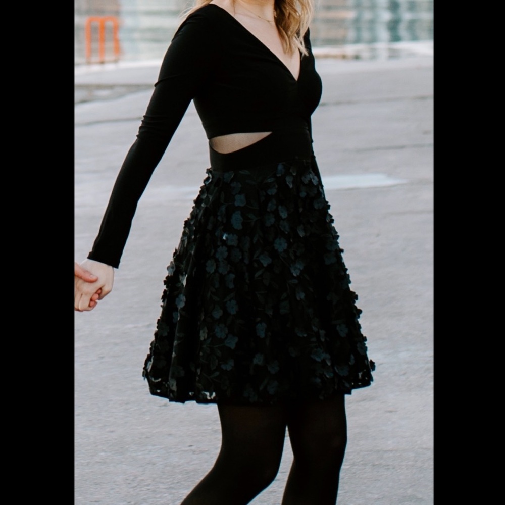 Aqua Black Long Sleeve Floral Dress